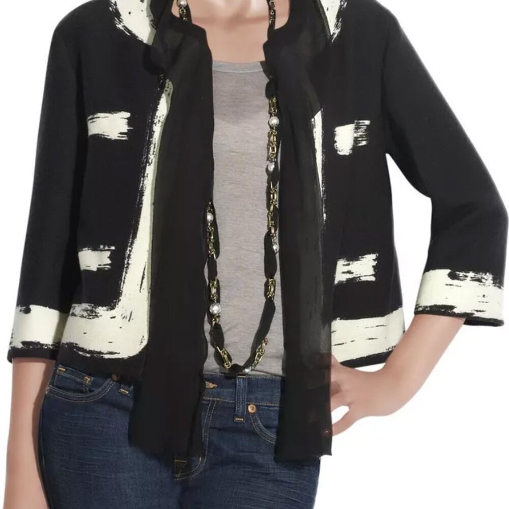 Moschino Couture Black Italian Wool WHITE Brush Stroke Chiffon Tie Jacket USA 6